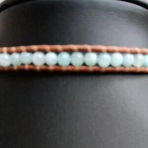 Light Green Stone Leather Wrap Bracelet Or Choker Necklace, 14"